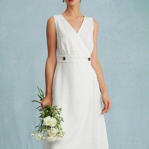 RIOHAS White V Neck Sleeveless Wrap Midi Dress